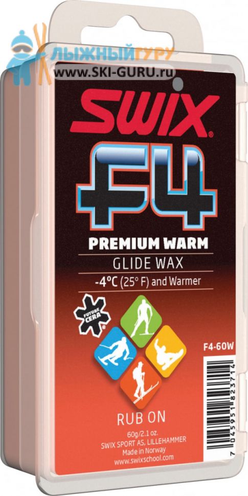 Мазь скольжения легкого нанесения SWIX F4 теплая (с пробкой) 60 грамм